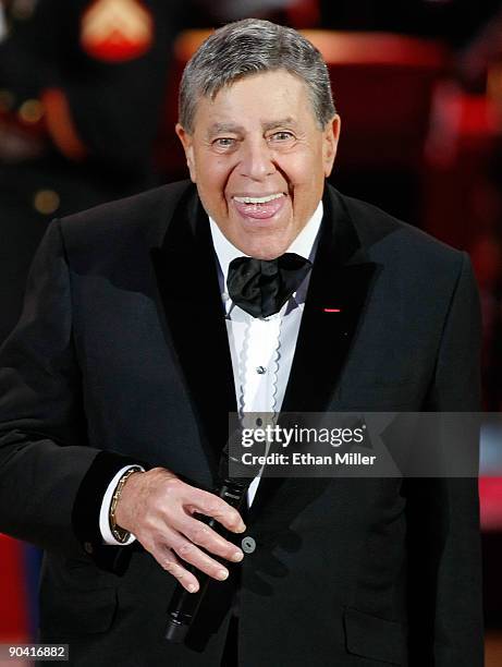 Entertainer Jerry Lewis jokes around during the 44th annual Labor Day Telethon to benefit the Muscular Dystrophy Association at the South Point Hotel...