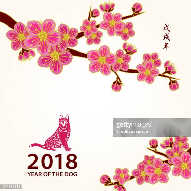 illustrations, cliparts, dessins animés et icônes de fleur de prunier de l’année du chien - peach blossom