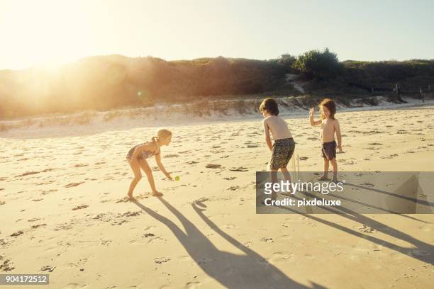 where there's sun, there's fun - beach cricket stock pictures, royalty-free photos & images