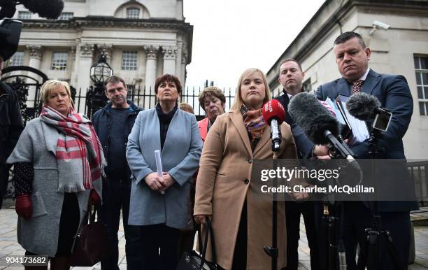 Emma Rogan, daughter of the murdered Adrian Rogan speaks on behalf of the rest of the Loughinisland family members at Belfast High Court on January...