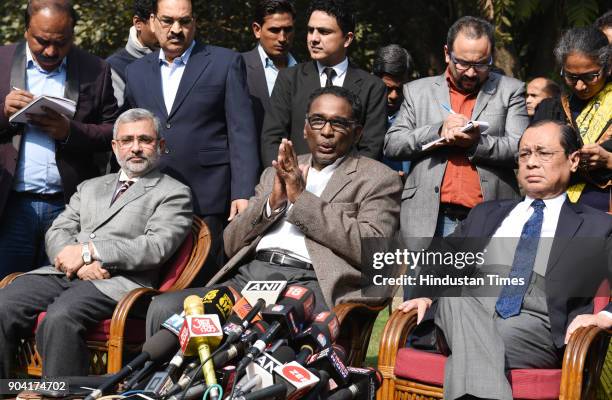 Supreme Court Judges Kurian Joseph, J Chelameswar, Ranjan Gogoi addressing the media on January 12, 2018 in New Delhi, India. Four Supreme Court...