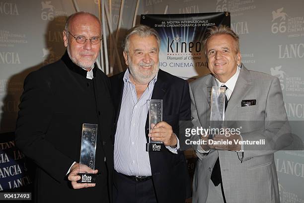 Festival Director Marco Muller, Pupi Avati and a guest attend the Kineo Diamanti Al Cinema Award Ceremony at the Lancia Cafe during the 66th Venice...