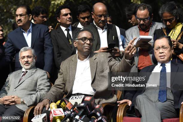 Supreme Court Judges Kurian Joseph, J Chelameswar, Ranjan Gogoi addressing the media on January 12, 2018 in New Delhi, India. Four Supreme Court...