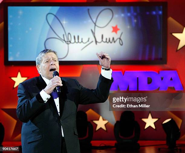 Entertainer Jerry Lewis speaks during the 44th annual Labor Day Telethon to benefit the Muscular Dystrophy Association at the South Point Hotel &...