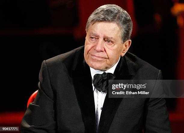 Entertainer Jerry Lewis becomes emotional during a tribute to the late Ed McMahon at the 44th annual Labor Day Telethon to benefit the Muscular...