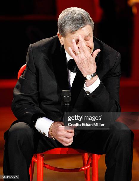 Entertainer Jerry Lewis becomes emotional during a tribute to the late Ed McMahon at the 44th annual Labor Day Telethon to benefit the Muscular...