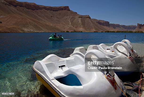 Swan shaped paddle boats wait for visitors on one of the six lakes that make up Band-E-Amir National Park September 6, 2009 in Band-E-Amir,...
