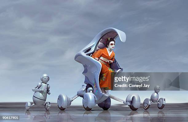 geisha riding a futuristic car, followed by robots - smart car stock pictures, royalty-free photos & images