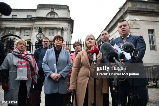 Emma Rogan, daughter of the murdered Adrian Rogan speaks on behalf of the rest of the Loughinisland family members at Belfast High Court on January...