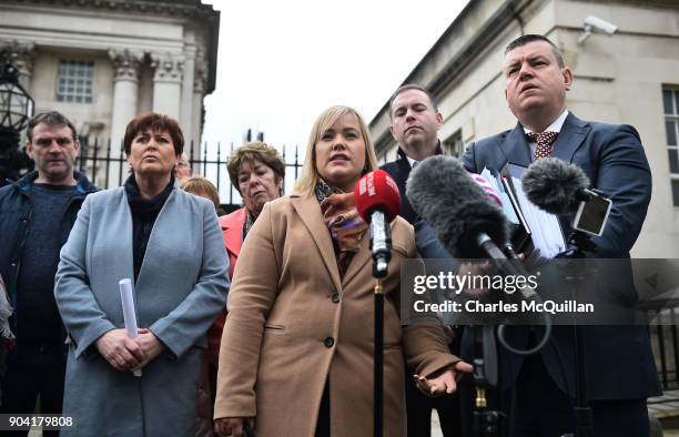 Emma Rogan, daughter of the murdered Adrian Rogan speaks on behalf of the rest of the Loughinisland family members at Belfast High Court on January...