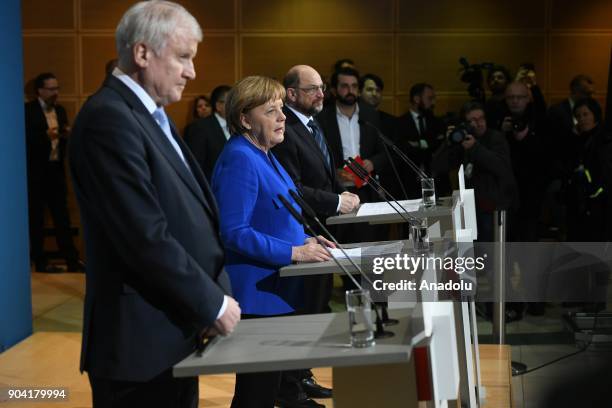 German Chancellor Angela Merkel , Bavarian Prime Minister Horst Seehofer and Social Democratic Party, SPD chairman Martin Schulz hold a joint press...