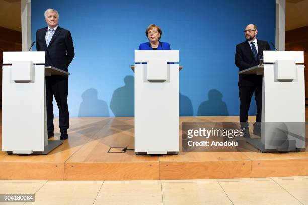 German Chancellor Angela Merkel , Bavarian Prime Minister Horst Seehofer and Social Democratic Party, SPD chairman Martin Schulz hold a joint press...