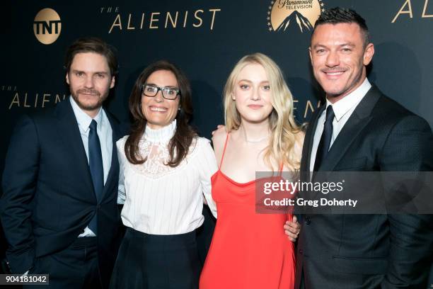 Actor Daniel Brühl, Sarah Aubrey, actress Dakota Fanning, actor Luke Evans and actor Brian Geraghty attend the Premiere Of TNT's "The Alienist" on...