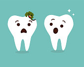 Tooth decay destroyed. Cute cartoon teeth characters vector.