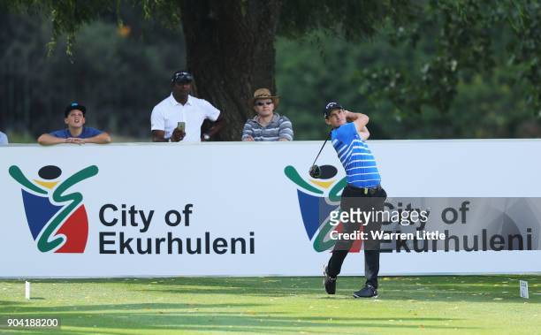 Chris Paisley of England tees off on the 18th hole during day two of the BMW South African Open Championship at Glendower Golf Club on January 12,...