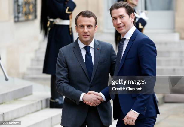 French President, Emmanuel Macron welcomes Austrian Chancelor Sebastian Kurz prior to their meeting at the Elysee Presidential Palace on January 12,...