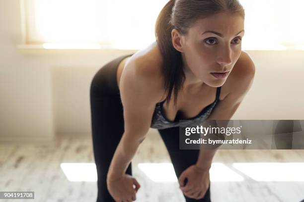 junge frau nach dem training - portrait woman looking at camera brave stock-fotos und bilder