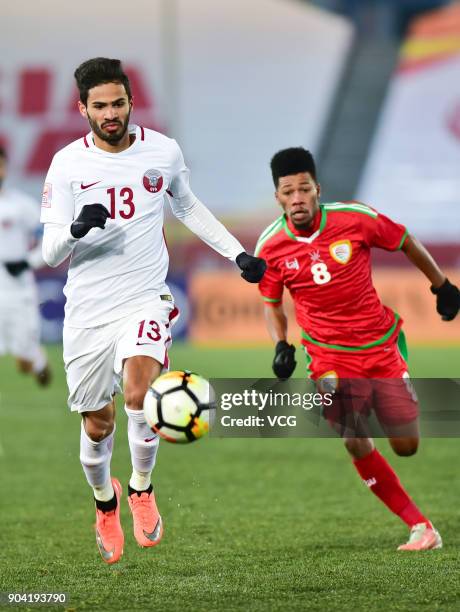 Sultan Al Brake of Qatar follows the ball during the AFC U-23 Championship Group A match between Oman and Qatar at Changzhou Olympic Sports Center on...