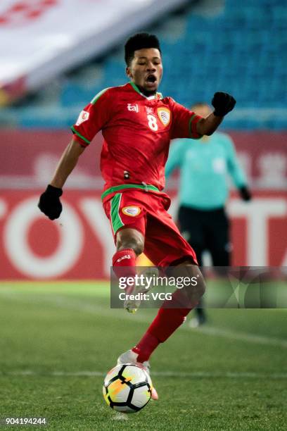 Jameel Al Yahmadi of Oman kicks the ball during the AFC U-23 Championship Group A match between Oman and Qatar at Changzhou Olympic Sports Center on...