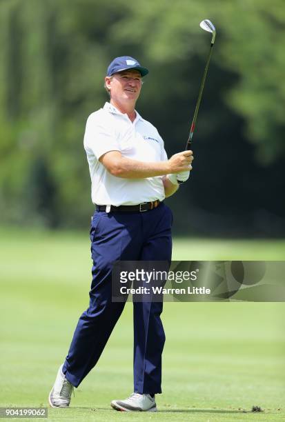 Ernie Els of South Africa plays his second shot on the 7th hole during day two of the BMW South African Open Championship at Glendower Golf Club on...
