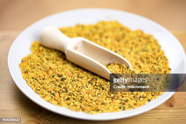 raw organic bee pollen. bee pollen granules. apitherapy - gold bug stock pictures, royalty-free photos & images