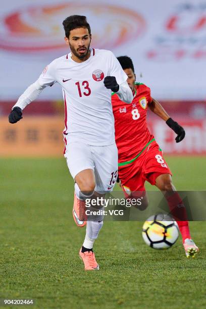 Sultan Al Brake of Qatar follows the ball during the AFC U-23 Championship Group A match between Oman and Qatar at Changzhou Olympic Sports Center on...
