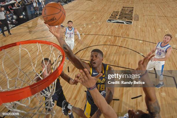 DeQuan Jones of the Fort Wayne Mad Ants drives to the basket against the Oklahoma City Blue during the NBA G-League Showcase on January 11, 2018 at...
