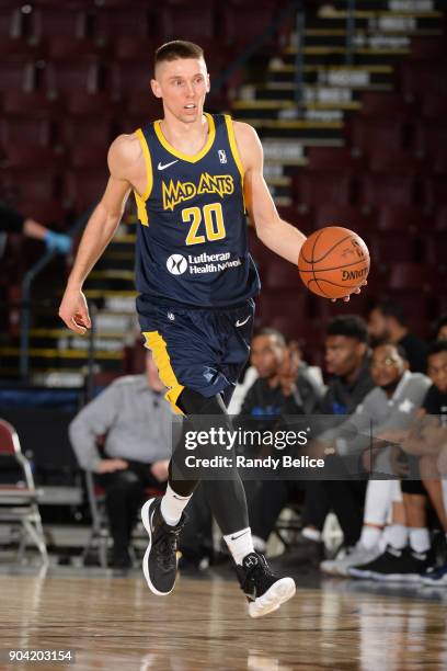 Jarrod Uthoff of the Fort Wayne Mad Ants dribbles the ball against the Oklahoma City Blue during the NBA G-League Showcase on January 11, 2018 at the...