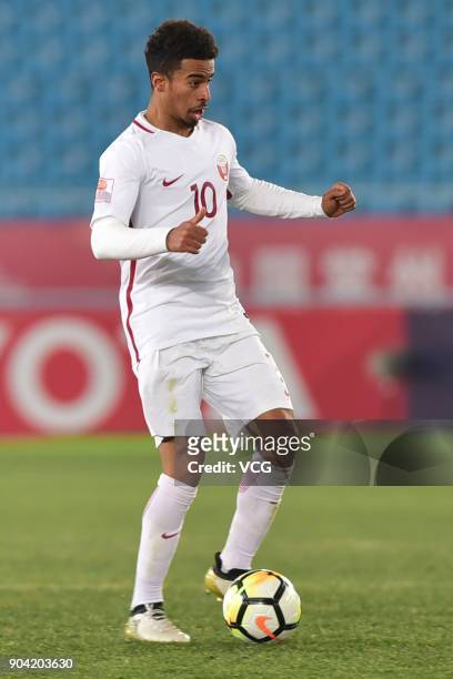 Akram Afif of Qatar during the AFC U-23 Championship Group A match between Oman and Qatar at Changzhou Olympic Sports Center on January 12, 2018 in...