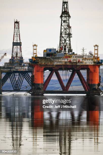 Oil rigs weighing thousands of tons are continuing to be stacked up in the Cromarty Firth on January 12, 2018 in Invergordon, Scotland. Rig platforms...