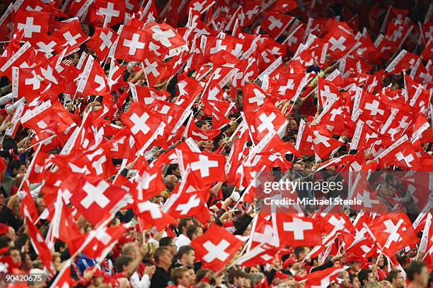 Switzerland fans and flags during the FIFA 2010 World Cup Qualifying Group 2 match between Switzerland and Greece at the St.Jakob-Park Stadium on...