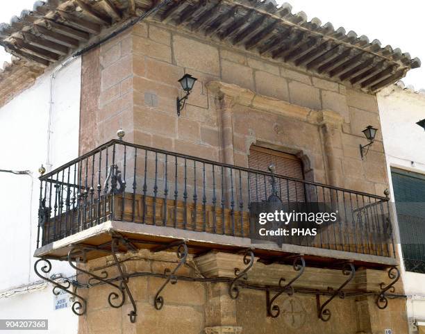 Villanueva de los Infantes, province of Ciudad Real, Castile-La Mancha, Spain. House of the Knight of the Green Gaban . Balcony. Typical architecture...