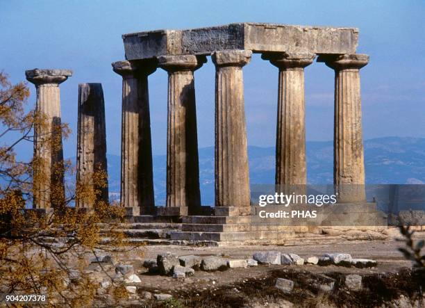 The Temple of Apollo. Dated around 540 BC. It was built in the Doric style. General view of the ruins. Corinth, Greece.