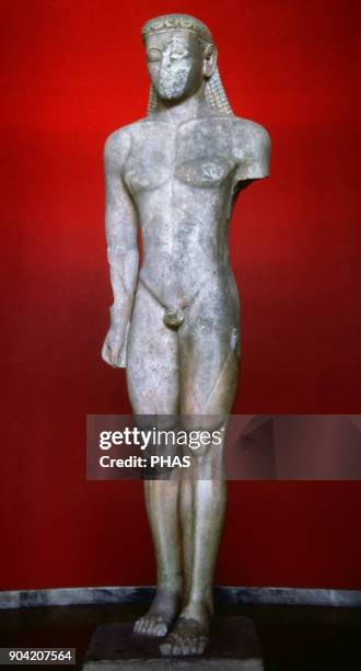 Statue of a kouros . Naxian marble. Found at Sounion, Attica, ca. 600 BC. The statue was dedicated to Poseidon. Attributed to the sculptor Polymedes....