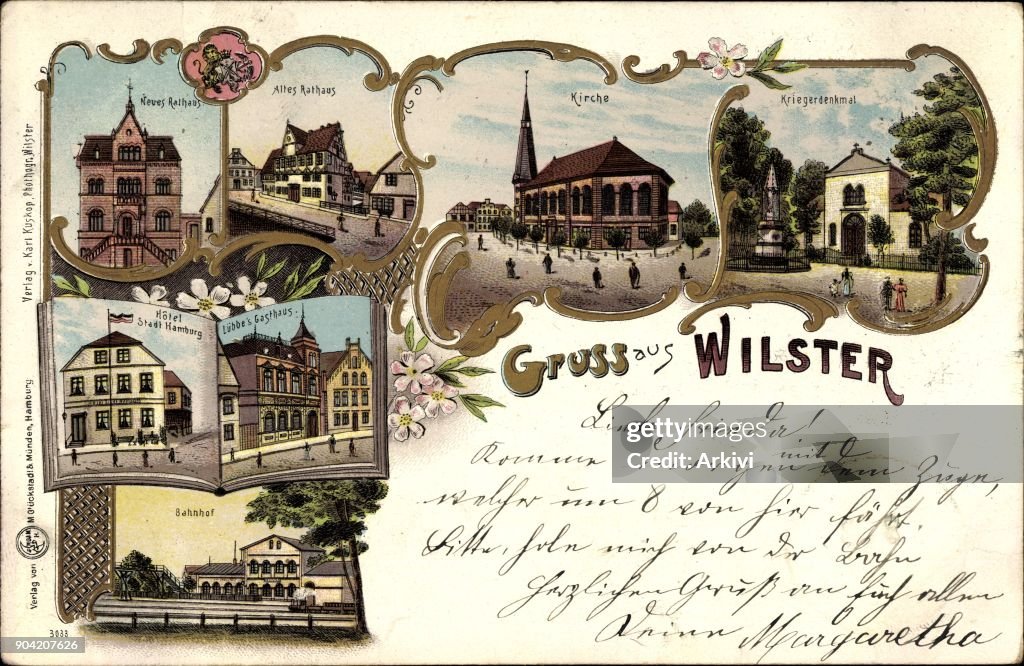 Litho Wilster im Kreis Steinburg, Rathaus, Bahnhof, Denkmal, Hotel Stadt Hamburg