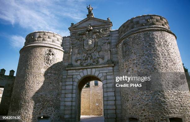 Toledo, Castile-La Mancha, Spain. Bisagra Gate. Muslim origin. It was rebuilt during the reigns of Carlos V and Felipe II, in 1550, following the...