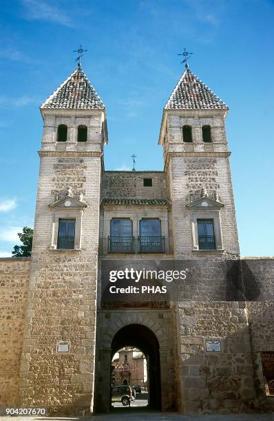 Toledo, Castile-La Mancha, Spain. Bisagra Gate. Muslim origin. It was rebuilt during the reigns of Carlos V and Felipe II, in 1550, following the...