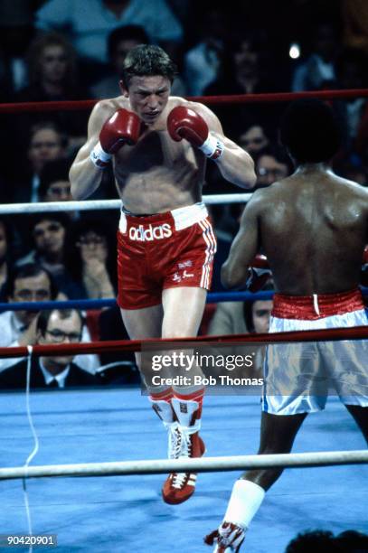 British boxer Dave Boy Green in action against Sugar Ray Leonard at the Capital Centre in Landover, Maryland, 31st March 1980. Leonard won the fight...