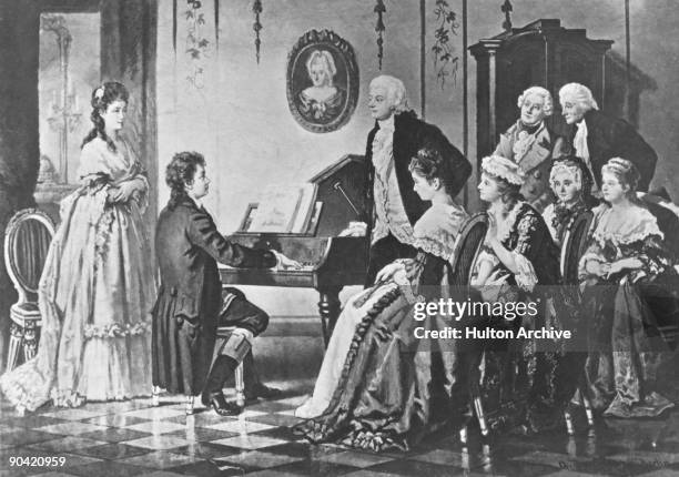 German composer Ludwig Van Beethoven performs a recital for the Razumovsky family, Vienna, Austria, circa 1805. Count Andreas Razumovsky, the Russian...