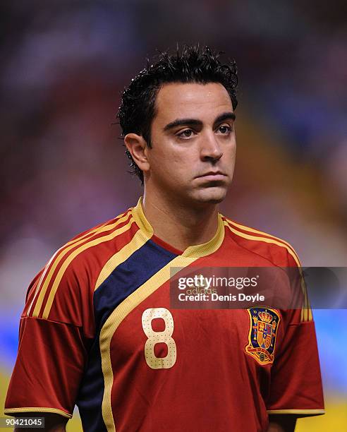 Xavi Hernandez of Spain lines-up before the Group 5 FIFA2010 World Cup Qualifier match between Spain and Belgium at the Riazor stadium on September...