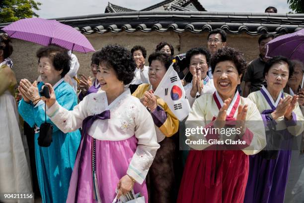 Korean women wearing traditional clothing at Andong Hahoe Village. The Hahoe Folk Village is a traditional village from the Joseon Dynasty. The 'Ha'...