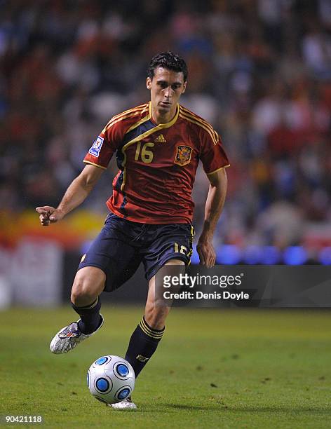 Alvaro Arbeloa of Spain passes the ball during the Group 5 FIFA2010 World Cup Qualifier match between Spain and Belgium at the Riazor stadium on...