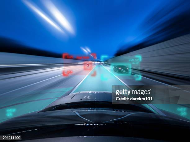 view from the top of a self driving car driving at speed - driverless cars foto e immagini stock
