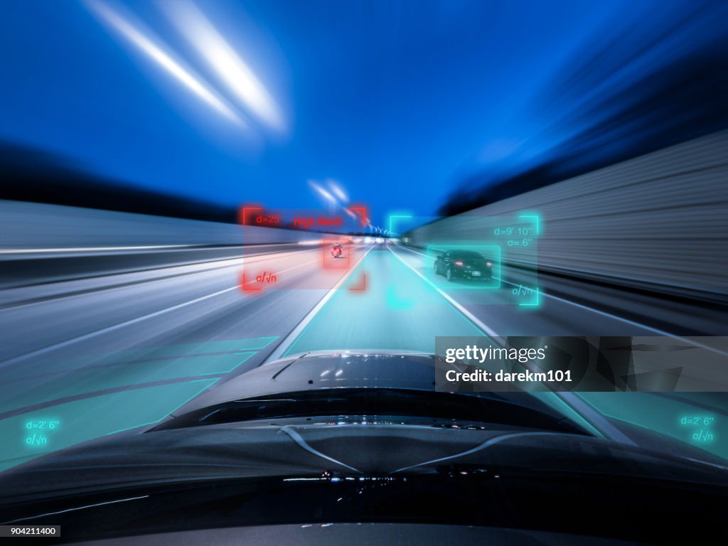View from the top of a self driving car driving at speed