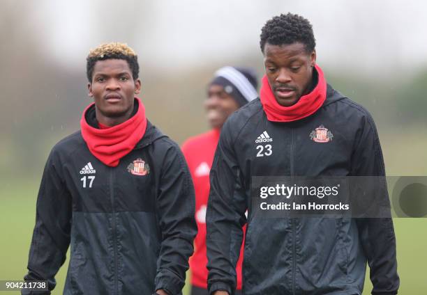 Lamine Kone warms up with Didier N'Dong during a SAFC training session at The Academy of Light on October 10, 2017 in Sunderland, England.