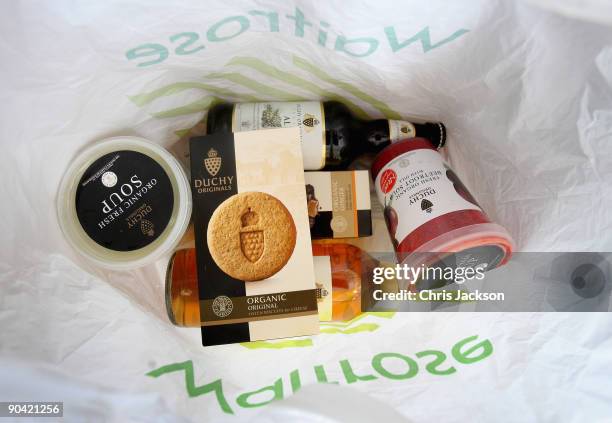 In this photo illustration Duchy Originals products are placed in a Waitrose shopping bag on September 7, 2009 in London, England. Prince Charles'...