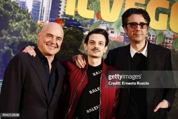 Luca Zingaretti, Fabio Rovazzi and Gennaro Nunziante attend 'Il Vegetale' photocall In Rome at Hotel St Regis on January 12, 2018 in Rome, Italy.