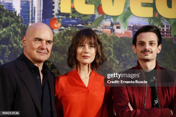 Luca Zingaretti, Paola Calliari and Fabio Rovazzi attend 'Il Vegetale' photocall In Rome at Hotel St Regis on January 12, 2018 in Rome, Italy.