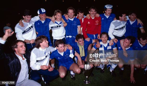 Everton players celebrate with the trophy after the Everton v Rapid Vienna UEFA European Cup Winners Cup Final played in Rotterdam, Holland on the...