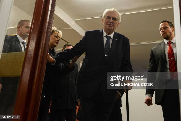 Czech President Milos Zeman arrives at a polling station in Prague on January 12, 2018. The first round of the presidential election will be held on...